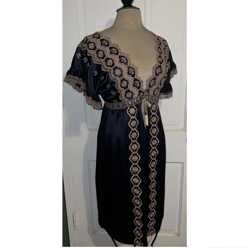 Betsey Johnson Vintage 90s Early 2000 Navy Embroider Lace Silk Slip Midi Dress M